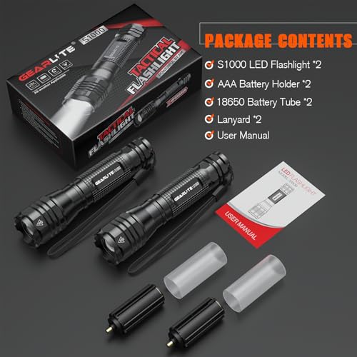 GEARLITE LED Torch Extremely Bright Pack of 2, Aluminium 4000 Lumen LED Torch Battery Operated with 5 Modes, IP65 Waterproof Handheld Lamp Zoomable for Camping, Hiking, Outdoor, Emergency, Gift
