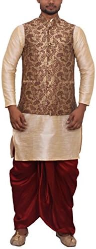 Uri and MacKenzie Men's Dupion Maroon Dhoti Golden Kurta with Jacket or Waistcoat Set UNM-123-RAJ