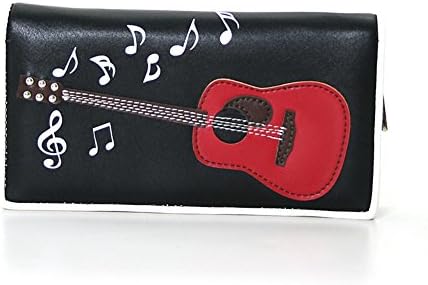 Red Guitar and Musical Notes on Black Bi-Fold Wallet