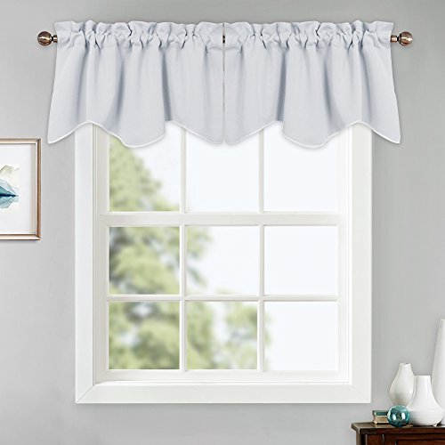 PONY DANCE White Window Valances - Short Curtain Small Tiers Rod Pocket Light Block Home Decor Cafe Curtain Scalloped Valance for Kitchen, 42-inch by 18-inch, Greyish White, 2 Pieces