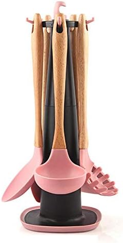AUTOECHO Silicone Carousel Kitchen Utensil Set with Wood Frame Kitchen Heat Resistant Nonstick Kitchen Tools and Gadgets Elevated Utensils for Cooking Holder 6PCS