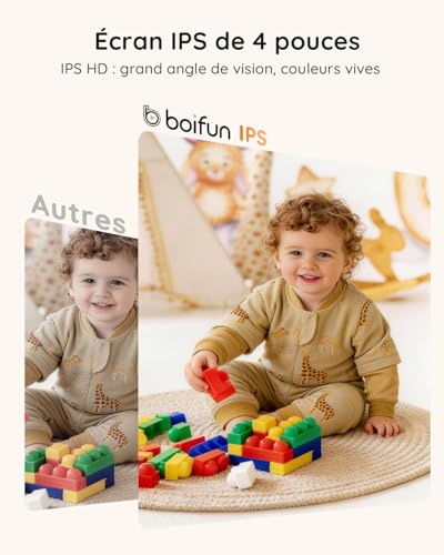 Boifun Baby Camera Baby Monitor without WiFi, Invisible Infrared Night Vision, 4 Inches, HD 720P, Two-Way Intercom, Lullabies, Temperature/Sound Sensor, 3x Zoom, Baby Bottle Reminder