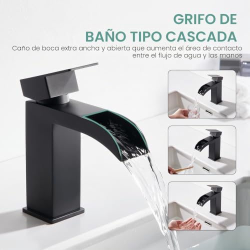 Faustina Bathroom Faucet for Rectangular Waterfall Basin and Click-Clack Drain Valve with Overflow, Bathroom Tap Mixing Dr Square with Drain Stainless Steel, Matte Black