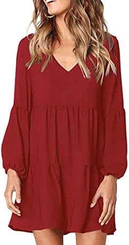 Uvog Women's Ruffle Tunic Dress Long Sleeve Pleated Swing Dresses V Neck Casual Loose T Shirt Dresses