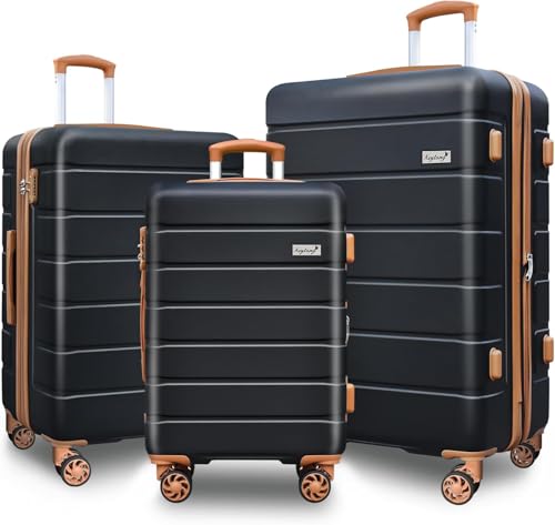 KEYTANG Explorer Lightweight Hardshell 20% Expandable 3-Piece Luggage Set with TSA Lock, Double Spinner Wheels, and Carry-On Suitcase, Apricot Black