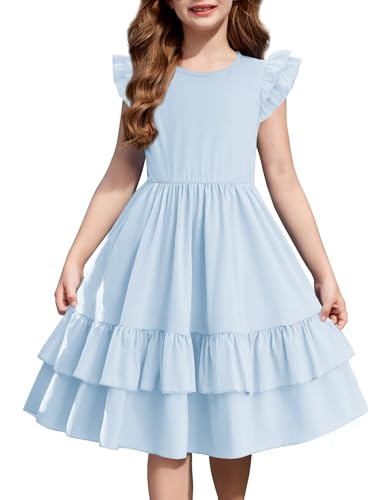 Arshiner Girls Flutter Sleeve Tiered Beach Sundress Blue Dress with Pockets at Amazon