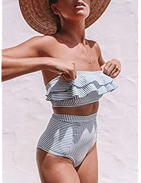 Dasivrry Womens Sexy Stripe Trajes de baño de dos piezas Strapless Ruffle Traje de baño Traje de baño acolchado Conjunto de bikini de cintura alta