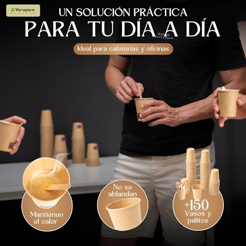 VERUPORE 210ml Disposable Coffee Cups with Wooden Sticks | Pack of 100 | BPA Free Heavy Duty Kraft Paper Cups, Suitable for Hot and Cold Drinks