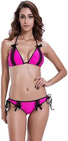 Reteron Women's Lace Triangle Brazilian Bikini Bathing Suit (S, Hot Pink)