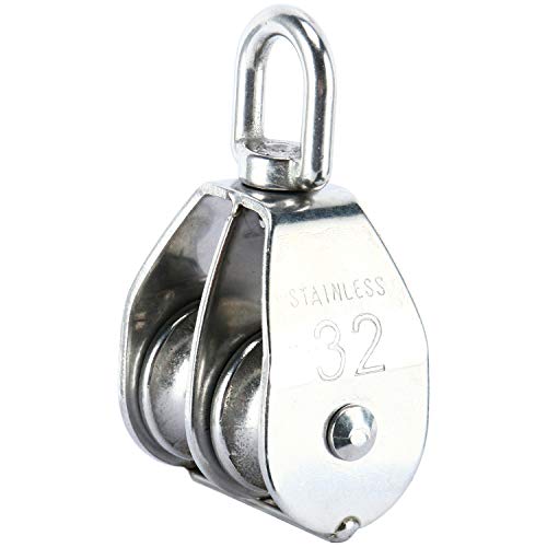 DasMarine 2 Pack M32 Double Pulley Block in 304 Stainless Steel Crane Swivel Hook Double Pulley Roller Loading (M32)
