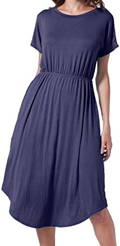 Succlace Womens Round Neck Loose Fit Swing Casual Midi Tunic Dress Deep Blue XL