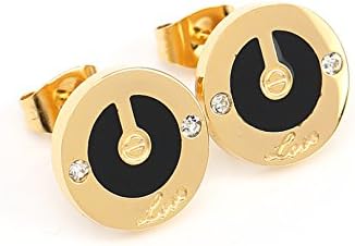Stylish Gold Tone Post Earrings with Contemporary Screw Design, Faux Onyx Inlay, Swarovski Style Crystals and "Love" Inscription (160001)