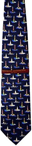 Mens 100% Silk Navy Blue Nautical Lighthouses in America Tie Necktie