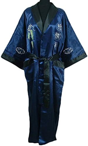 CK sky Women's Reversible Two-face pijamas Satin Embroidery Bath Gown Dragon Robe Navy Blue Black