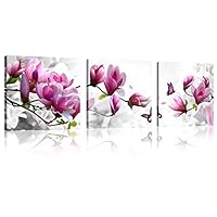 Natural art - Pink Flowers with Butterfly 3 Panels Stretched Canvas Wooden Framed Wall Art