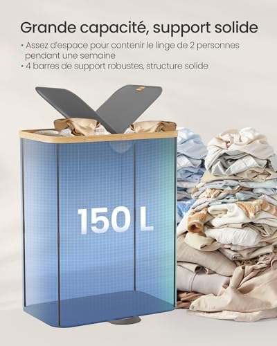 Panier à Linge à 2 Compartiments, 150 Litres, Trieur de Linge Sale avec Couvercle, Sacs Amovibles, pour Buanderie, Chambre, Salon, Gris Ardoise et Beige Naturel LCB523G01