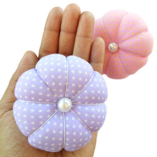 CUSHYSTORE 2X Purple and Pink Polka Dot Wrist Pin Needle Cushion Pincushion Wearable Cute Small Size Pumpkin Pins Needles Pincushions Holder Safety with Elastic Band