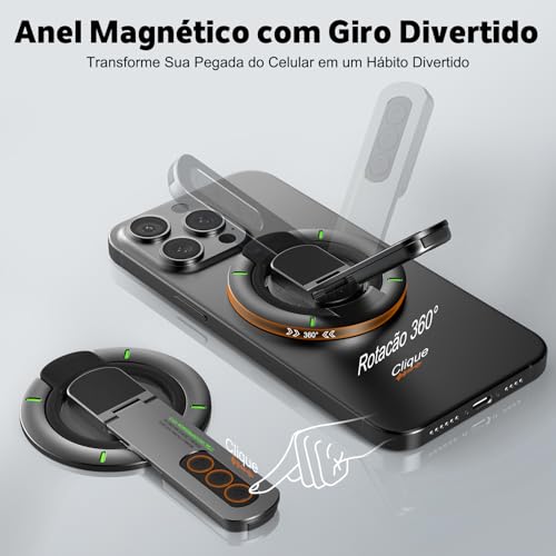 Tobeape Suporte MagSafe 3 em 1 para Celular – Anel Magnético Ajustável com Ímã Dupla Face e Design Anti-Estresse, Compatível com iPhone 17/16/15/14/13/12 e Outros Smartphones (Preto)