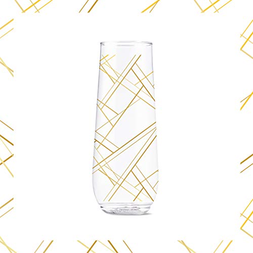 TOSSWARE-POP-9oz-Flute-Linear-Gold-Series-SET-OF-6-Recyclable-Unbreakable-Crystal-Clear-Plastic-Printed-Champagne-Glasses