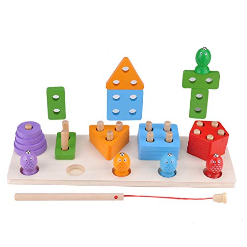 Sendida Montessori Wood Toys Toddlers Puzzles Preschool Educational Kid Toys Sorting Shape Color Blocks Stacking Toys Fishing Game 2 in 1 Learning Toys Gift for 2 3 4 Years