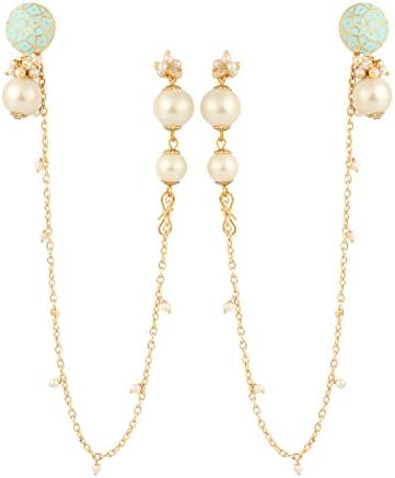 Abhika Creations Women's Turquoise Stud With White Pearl Hair Chain Handmade Earrings 15 x 220 MM