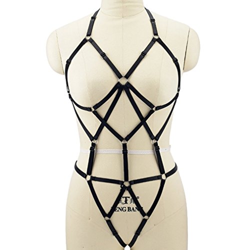 Women Sexy Full Cage Body Harness Lingerie Belt Set Strap Hollow Top Bra Goth Fetish Wear (Black N0095)