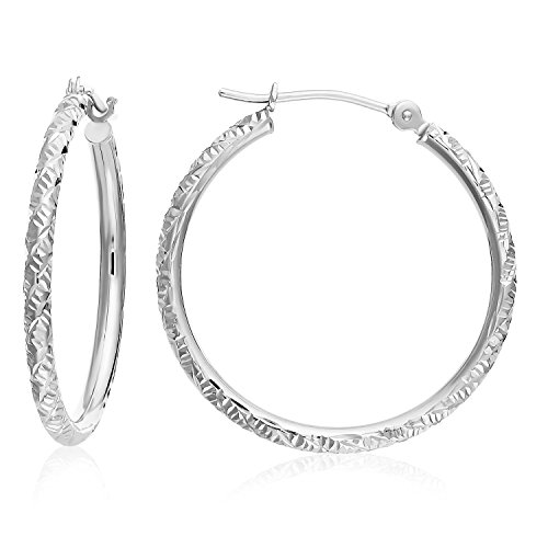 14k Gold Hand Engraved Diamond-cut Round Hoop Earrings -1'' Diameter (white-gold)