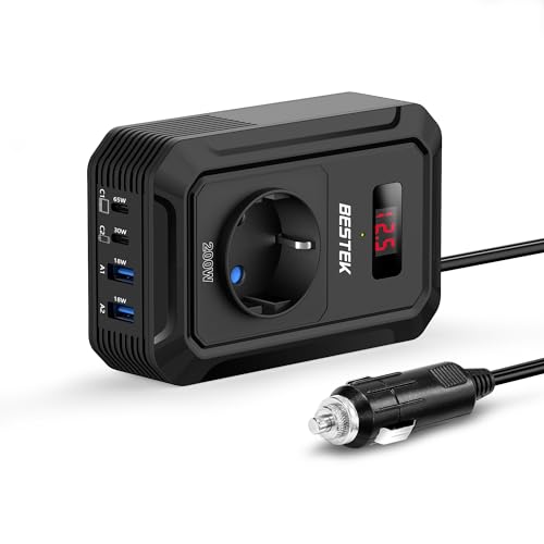 BESTEK Converter 12 V 220 V 230 V 240 V 200 W Cigarette Lighter Socket Voltage Transformer, 4 USB Ports and 1 EU Sockets, Car Camping Car Charger with Multi Protectors (Black)