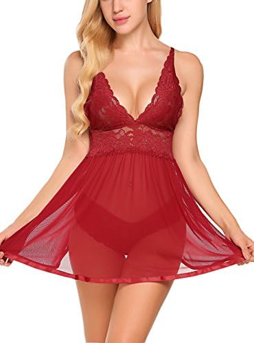 Women Babydoll Lingerie Dress Set V Neck Strap Hollow Lace Patchwork Chemise Nightwear (Dark Red, Small)
