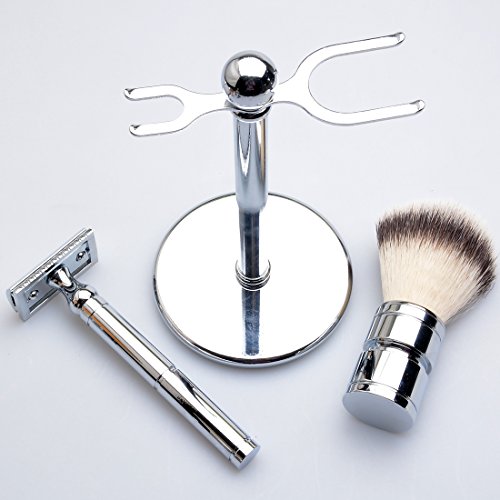 CSB Old Fashioned Shaving Set For Men Best Synthetic Hair Brush For Cream Or Soap, DE Double Edege Razor, Stand, Bolw and 10pcs Blades in Black Gift Box