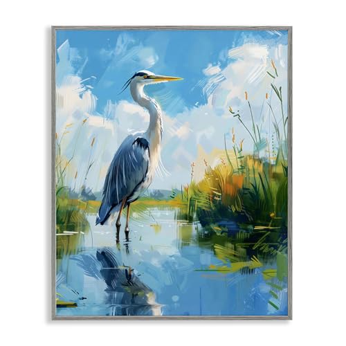 Stupell Industries Blue Heron in Wetlands Gray Framed Giclee Art, design by LSR…