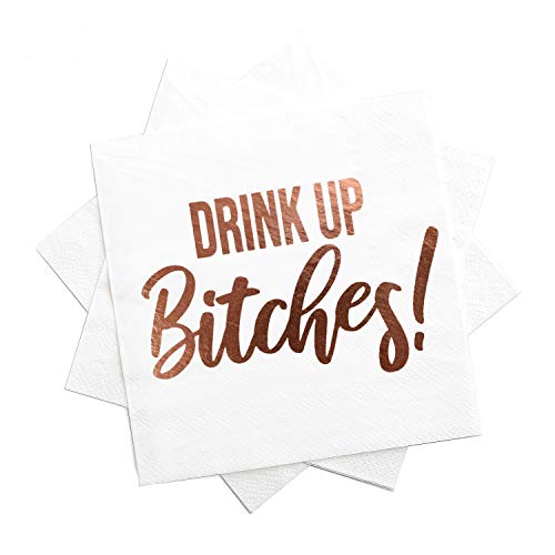 100 Pack Cocktail Napkins- Fancy Printed Napkins with ''Drink Up B!tches'' Emboss in Rose Gold Foil Letters- Ideal for Bachelorette Party Decorations- Beverage Napkins- Folded 5 x 5 Inches - Thumbnail 4