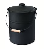 Plow & Hearth Double Bottom Metal Fireplace Ash Bucket with Lid and Handle, 10" Diameter x 13" H, Charcoal Black