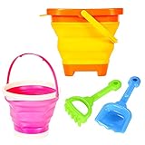 Beach Toy Set 2 Packable Pails Collapsible Buckets With 1 Shovel And 1 Rake Orange & Pink Summer Beach Party Play Set