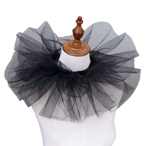CABODYALS Black Mesh Tulle Ruffled False Collar Retro Victorian Renaissance Ruff Detachable Lace Up Sheer Pleated Layered Decorative Cape Clown Neck Collars for Women Costume Party Halloween Cosplay