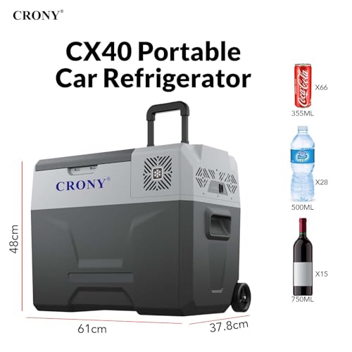 CRONY Portable Car Refrigerator 40L DC/AC Car Fridge 12/24V Mini Fridge App-Controlled -20°C to 20°C Fast Cooling Car Cooler LED Control Panel with Trolley Wheels & Battery Protection
