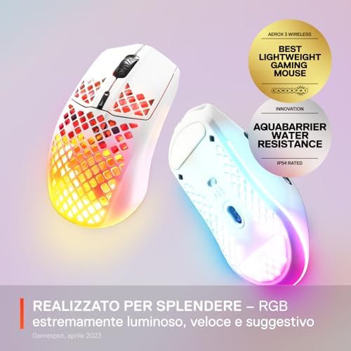 Aerox 3 Wireless - Mouse Gaming - RGB traforato - Design ultraleggero e resistente all'acqua - Sensore ottico TrueMove Air da 18K DPI - Snow