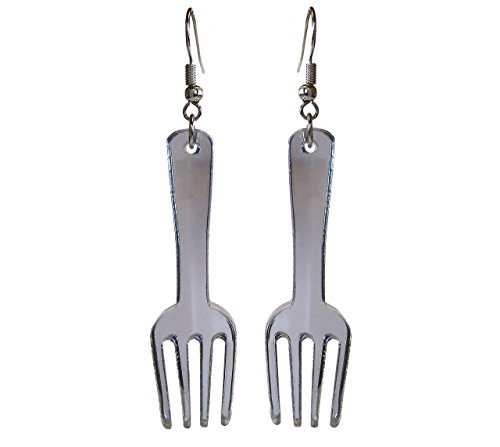 Unique Fork Dangle Statement Earrings with Nickel Free Hooks, Dinglehopper Mirrored Acrylic Funny Weird Earrings for Chefs, Servers and Cosplay