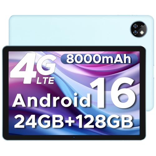 DOOGEETab T10W Android 16 Tablet 10 Pollici, 24 GB RAM + 128 GB ROM (2 TB TF), Tablet con Sim, batteria 8000 mAh, Android 4G LTE/WiFi 5, Doppia fotocamera, Bluetooth 5.0/OTG/Face ID/Type C, Blu