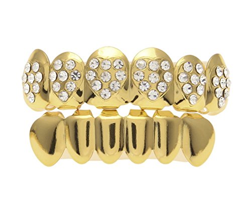 New Custom Fit 14k Gold Plated Heart-Shaped Teeth Grillz Caps Top & Bottom Grill Set (Gold)