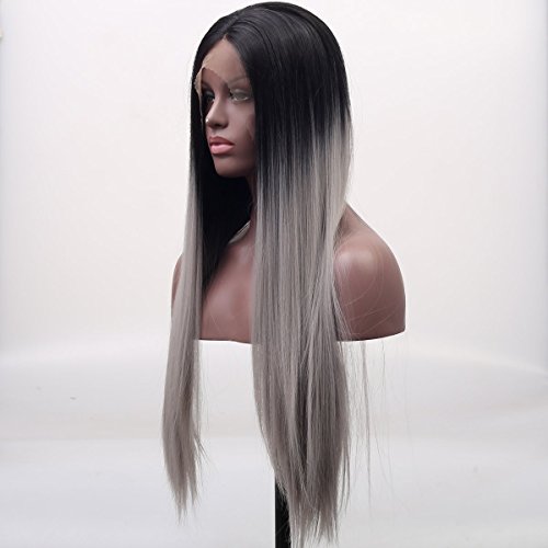 Arimika Silk Straight Long Black Roots Silver Grey Ombre Synthetic