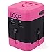 LOOP World Adapter Plug, Worldwide Travel Adapter Charger [US UK EU AU CN] w/ Dual USB Charging Ports & Universal AC Socket - Safety Fused (Pink)