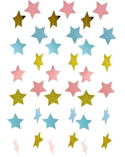 Furuix Gender Reveal Party Decorations 2pcs Twinkle, Twinkle Pink Blue Gold Paper Star Garland Star String for Baby Shower Decorations Birthday Decor/Boy or Girl Gender Reveal Party Supplies