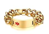 MPRAINBOW MP Men's Stainless Steel Gold Plated Chunky Heavy Cuban Crub Chain Personalised Medical Alert ID Link Bracelet,Free Engraving Customized
