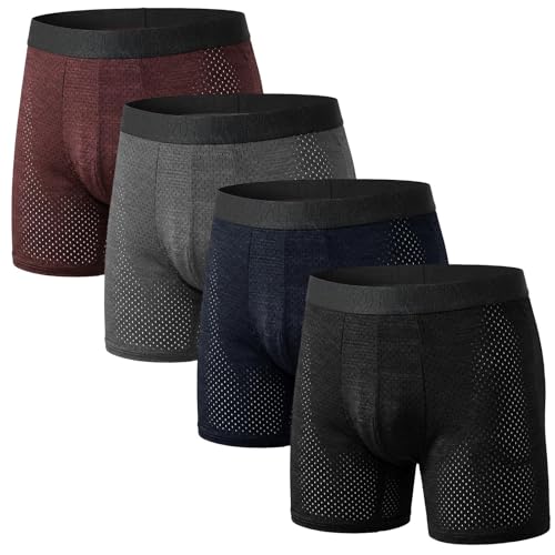 Hellomamma Calzoncillos Hombre Boxer Largos: Ropa Interior de Seda Fría de Malla Transpirable - Antirozaduras sin Etiquetas para Hombres para Deporte Gym y Ciclismo Talla S-XL Pack de 4