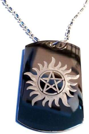 Flaming SUN Pentagram Star Good Protection Symbol Wiccan Religion Religious Logo Symbol - Military Dog Tag Luggage Tag Key Chain Metal Chain Necklace