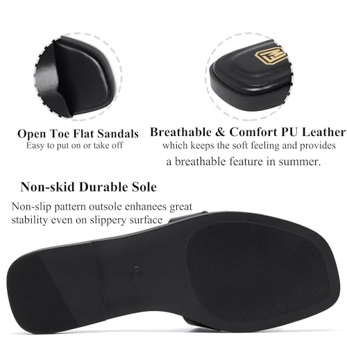 FW FRAN WILLOR Women's Flat Sandals Dressy Comfortable Slide Sandals Fashion Square Open Toe Slip On Beach Sandals for Summer