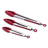 Heavy Duty Stainless Steel Premium Kitchen Tongs with Silicone Tips 3 Pack (7, 9, 12 Inch) - FDA Approved Non-Stick for BBQ Cooking Grilling Turner - A Good Serving and Feeding Set for Kitchen - Red
