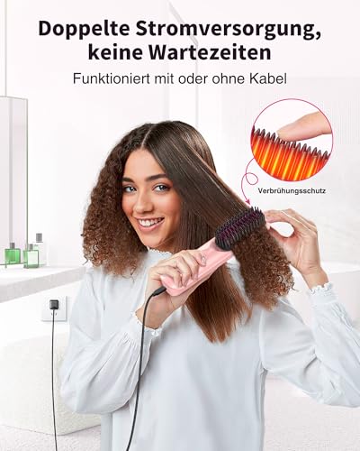 Bopcal Glättbürste Kabellos 10000mAh, 3 in 1 Haarglätter Bürste mit Millionen Negative Ionen, Wiederaufladbar Glättungsbürste für Reise, Verhindert Haarziehen & Glättet Schneller, JDS1 18