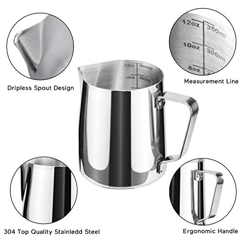 Milk Frothing Pitcher Jug - 12oz/350ML Measurements Steaming Pitchers, Stainless Steel Coffee Tools Cup, Espresso, Latte Art and Frothing Milk, Attached Latt Art Pen